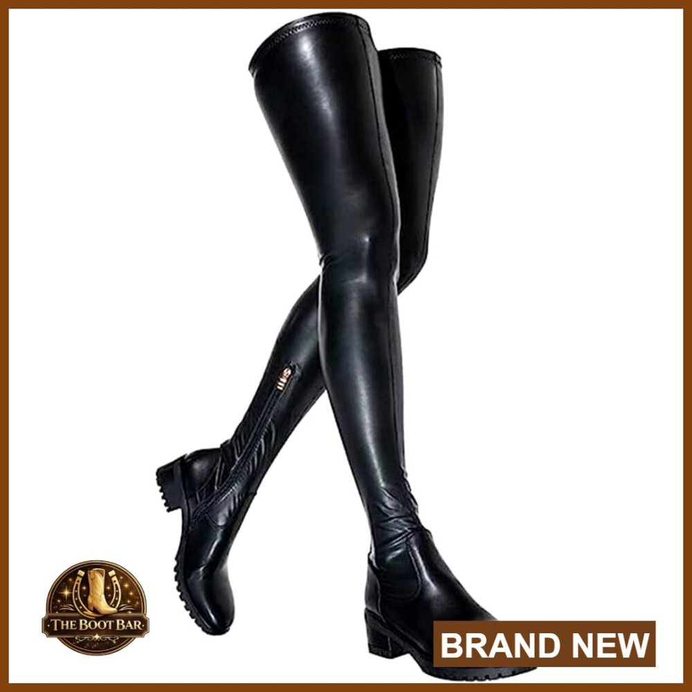Women's Over The Knee Boots Chunky Heel Slip On Faux Leather Riding Stretch